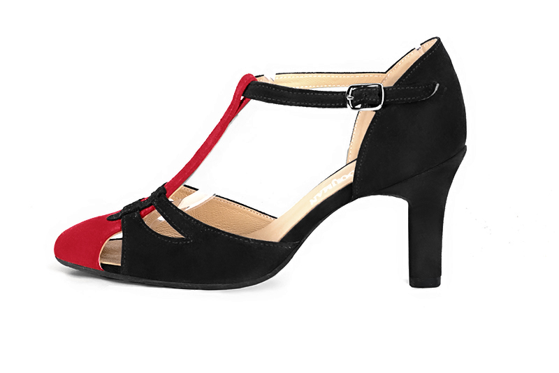 Cardinal red and matt black women's T-strap open side shoes. Round toe. High kitten heels. Profile view - Florence KOOIJMAN